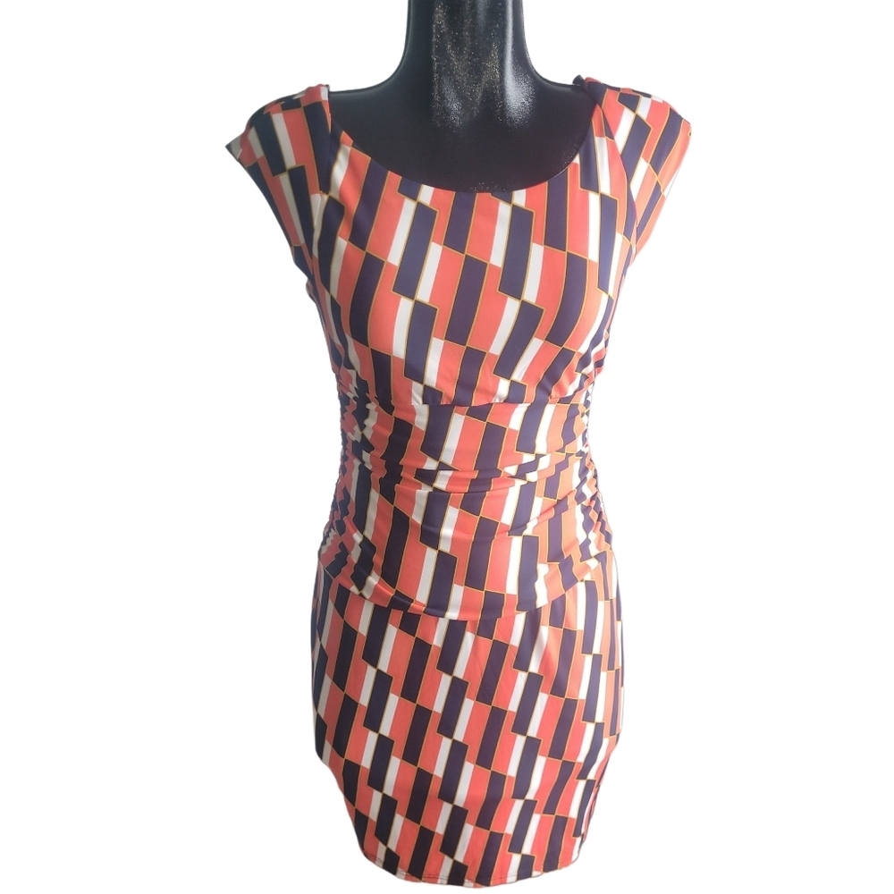 Bisou Bisou Multi Colored Geometric Pattern Short Cap Sleeve Sheath Dress 8